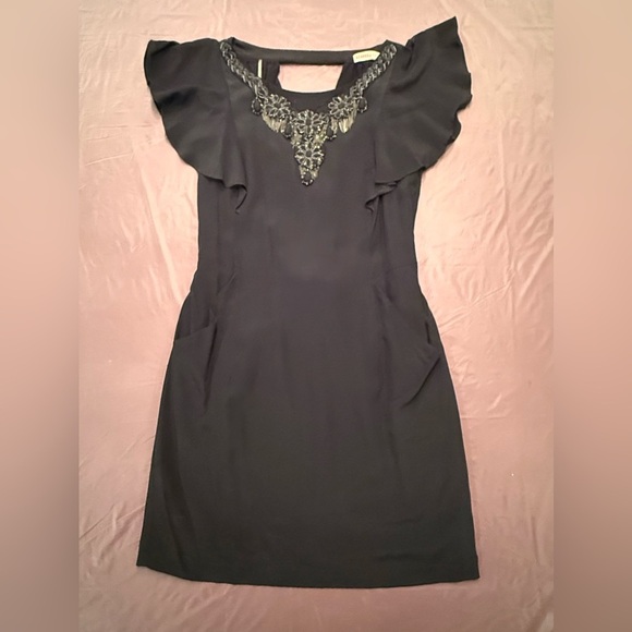 Rebecca Taylor Black Silk Silver Embellished Dress w/ Ruffle Sleeves 0/XS $465 - Picture 2 of 12